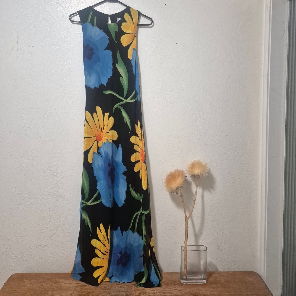 Vintage 90s Dark Floral Print Column Maxi Dress Size S